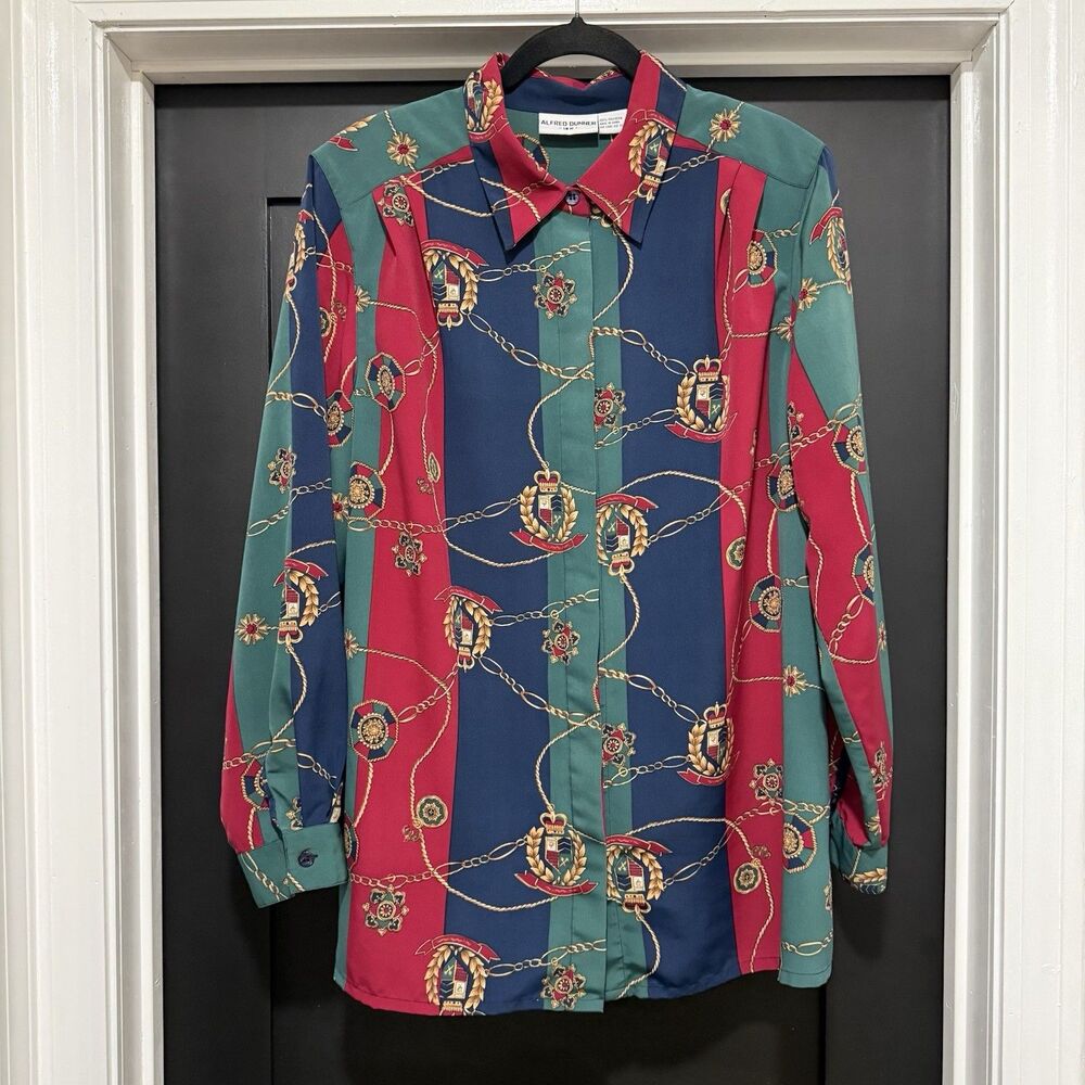 Vintage 90's Alfred Dunner Silky Nautical Chain Print Equestrian Top 18W